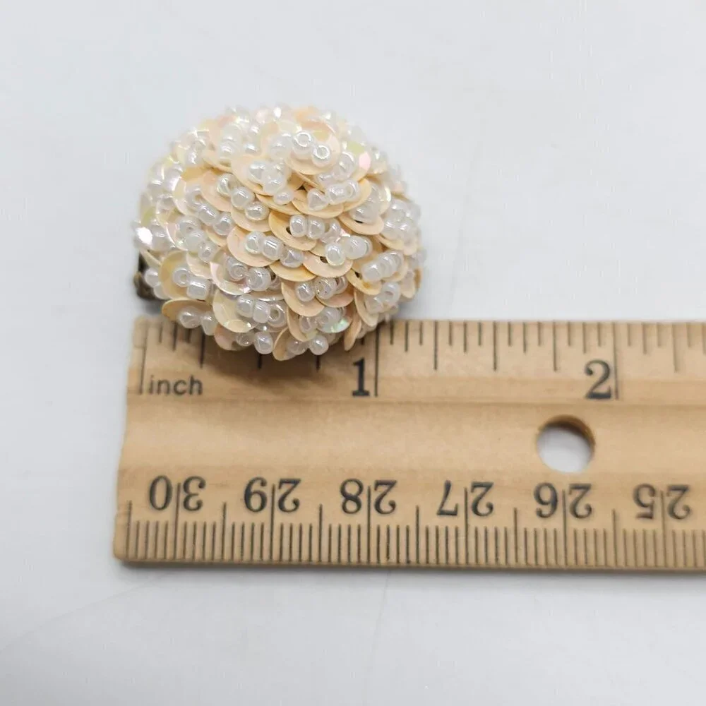 Vintage 1980s Clip-On Earrings Beaded Sequin Floral Dome Ivory/White 1 Inch